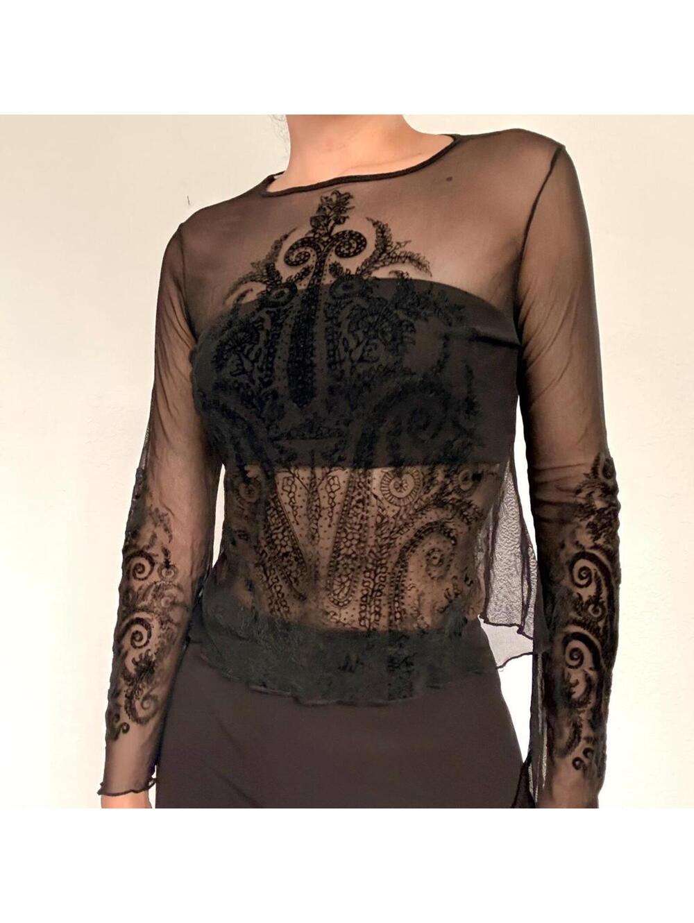 Y2K euro black sheer mesh bell sleeve top with velvet burnout paisley print